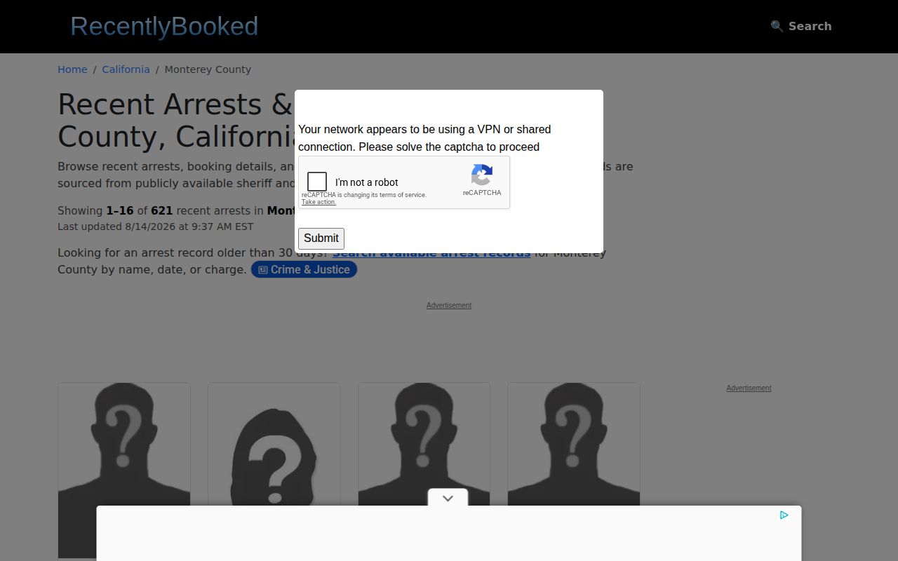 Unofficial RecentlyBooked Monterey County booking records section