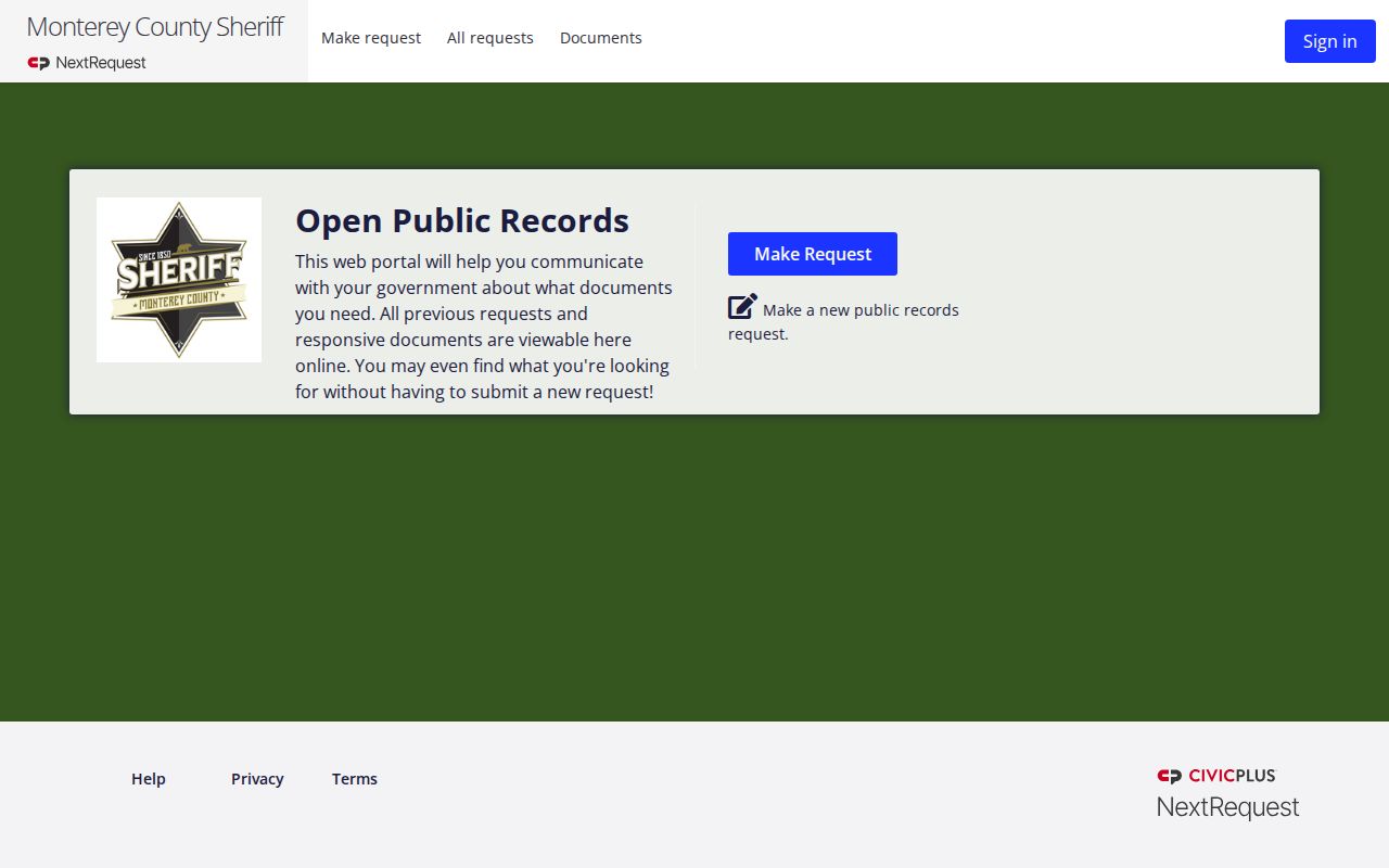 Monterey County Sheriff booking record request portal