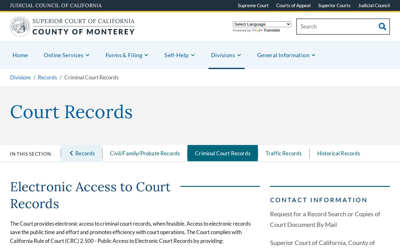 Monterey County criminal court records instructions for warrant and case resolution